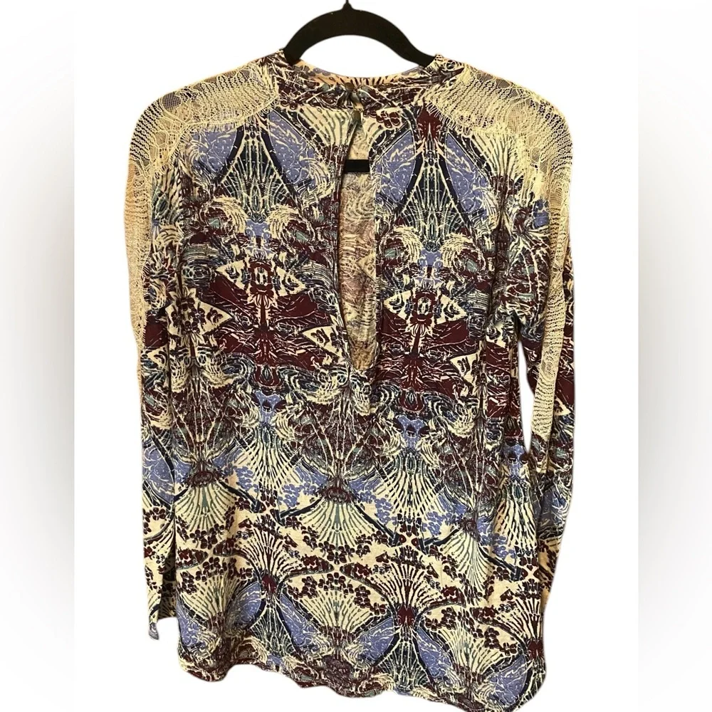 Free People New World Nouveau Top Small Boho Printed Blouse Flowy Pleated